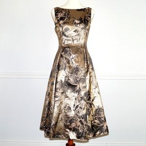 Aidan Mattox Black and Gold Rose Brocade Dress